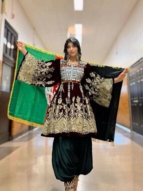 Embroidered Velvet Afghan Dress with Black Shalwar